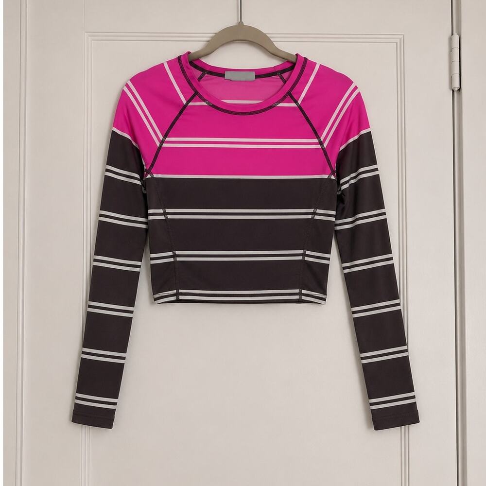 Athleta Colorblock Striped Rashguard Crop Top Pink Black Small